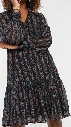 ASOS Y.A.S chiffon smock dress with drop hem mixed floral and stripes size S thumbnail 1