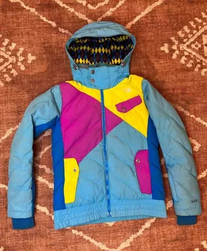Rare vintage The North Face Jitterbug down jacket in bold blue, pink and yellow thumbnail 1