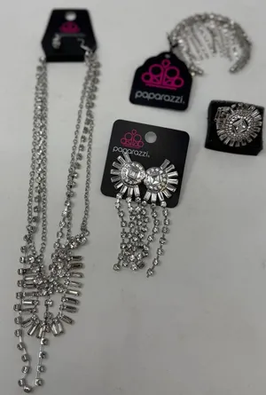 Paparazzi Necklace Bracelet Ring Two Sets of Earrings Silver and Rhinestones thumbnail 1