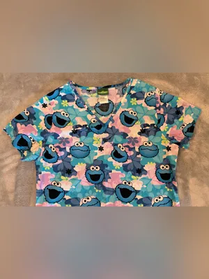 Sesame Street Women’s Cookie Monster Print Scrub Top - Blue Multi Size Small thumbnail 3