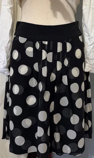 Ann Taylor 100% Silk Midi Skirt Size 2 Black White Polka Dot Pleated‎ A-Line Mod thumbnail 1