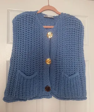 Zara Light Blue Chunky Knit Button Vest with Gold Buttons thumbnail 1