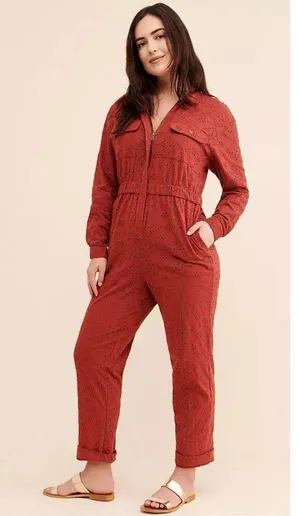 Free People Set The Tone Eyelet Long Sleeve Jumpsuit Terracotta Red Women's Sz 4 thumbnail 4