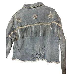 NWT Joiemont Women XL Light Wash Distressed Denim Jacket Rhinestone Stars Fringe thumbnail 4