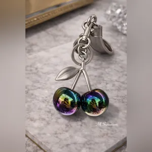 NEW Oil Slick Cherry Charm Keychain Brushed Silver Multicolor NWT thumbnail 2