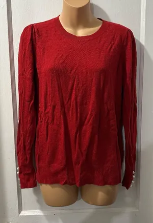Loft Red Long Sleeve Sweater with Pearl Accents on‎ Sleeves in M thumbnail 1