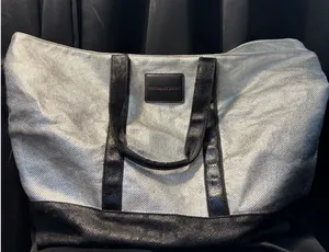 Victorias Secret Metallic Silver Black Tote Bag Large Travel Beach Gym Zip‎ Top thumbnail 1