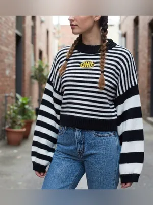 UNIF Logo Striped Oversized Sleeve Crop Sweater Medium Y2K Indie Sleaze thumbnail 3