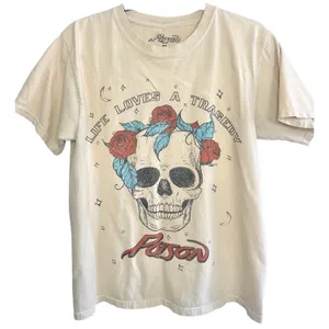 Poison Band Tee T-Shirt XS Skull Roses Life Loves A Tragedy Graphic Retro‎ Cream thumbnail 1