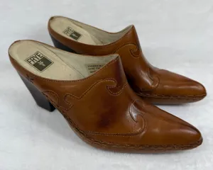 Frye Phoenix Mule‎ Cognac Leather Western Pointed Toe Block Heel 70740 Women 7M thumbnail 1