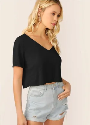 Verdusa Women's Solid V Neck Crop T Shirt Top Causal Short Sleeve Tee Top Size S thumbnail 3
