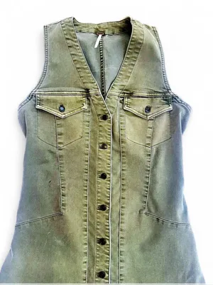 Free People Clean Break Denim Mini Dress Green Acid Wash Stretch Denim Size 8 thumbnail 4