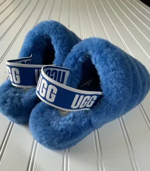 UGG Fluff Yeah Slides Royal Blue Sheepskin Platform Sandals Almost New Womens 7 thumbnail 1