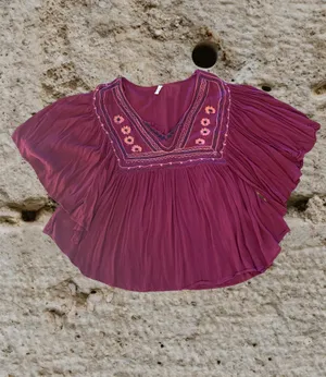 Flowy Maroon Hippie Top Embroidered Top Batwing Shirt Womens M Earthy thumbnail 2