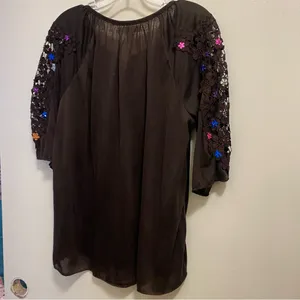 New York Laundry Womens Sheer Top Blouse XL Brown Lace Sleeves Jeweled Flowers thumbnail 8