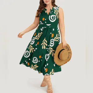 Scroll Graphic Print Notched Pocket Sleeveless Dress-Green-Large/Size 12 thumbnail 4