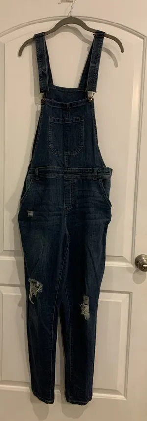 True Craft Women's Dark Wash Distressed Denim Overalls Size 13 thumbnail 1
