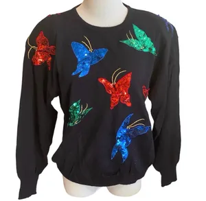 Vintage Sequin Butterfly Sweater Black Red Green Blue M Bling Multicolor thumbnail 1