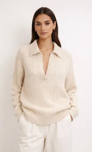 120% Lino Cream Alpaca Cashmere Silk Polo Sweater Italy S thumbnail 1