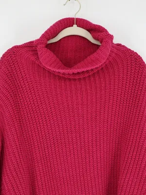 Free People Oversized Cowl Neck Sweater Fuchsia Pink Chunky Knit Slouchy Medium thumbnail 2