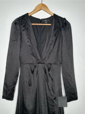 Lulus NWT Endearing Elegance Black Satin Long Sleeve Plunge Maxi Dress Size XS thumbnail 5