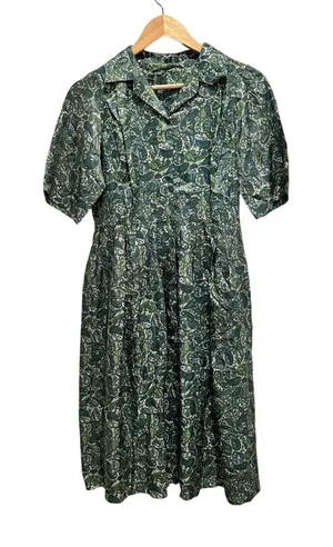 Vintage Handmade Green‎ Paisley Shirt Dress Short Sleeve Pleated A-Line Midi thumbnail 1