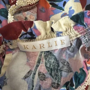 Karlie Floral Ruffle Top Large Multicolor Linen Blend Flutter Sleeve Lace Trim‎ thumbnail 5