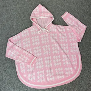 Crown & Ivy Houndstooth‎ Hooded Long Sleeve Poncho Sweater Pink White Large thumbnail 12