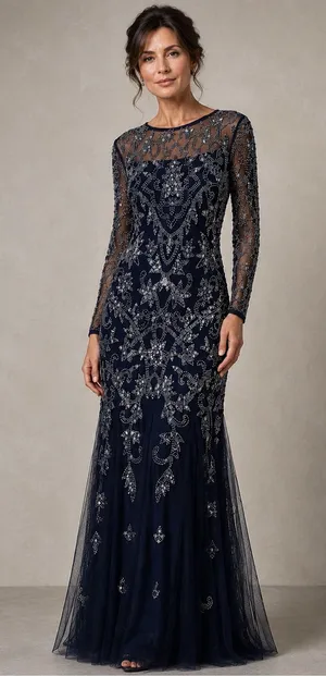 Adrianna Papell Long Sleeve Beaded Sequin Maxi Gown Size 12 thumbnail 1
