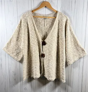 JM COLLECTION Oversized Beige Marled Knit Cardigan 1/2 Sleeve Boho Metallic, XL thumbnail 1