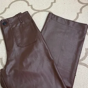 Maeve Anthropologie Colette Faux Leather Wide Leg Pants Dark Brown Size 28 thumbnail 2
