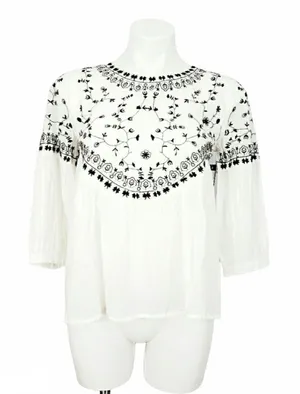 Romeo & Juliet Couture White & Black Embroidered Peasant Pleated Blouse Top thumbnail 1
