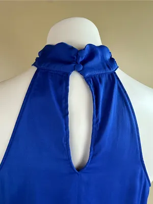 Naked Zebra Royal Blue Satin Halter Top Medium Tie Neck Keyhole Blouse Silky thumbnail 5