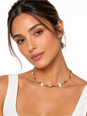 NWOT Rainbow Beach Surf Natural Hippie Love Beaded Choker Flower Glass Necklace thumbnail 1