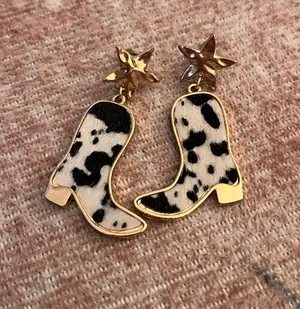 Cow print cowboy boot earrings Gold thumbnail 1