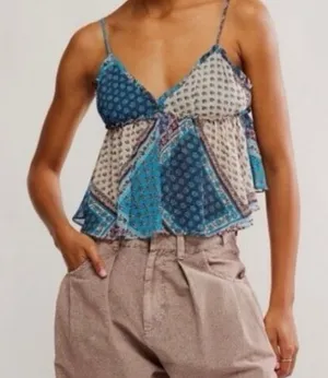 Free People Blue Teal Patchwork Spaghetti Strap Tank NWT thumbnail 1