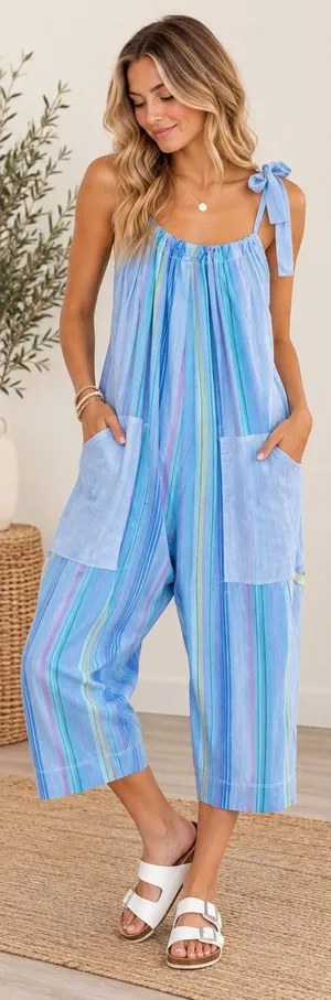 Free People Dream In Color Convertible Jumpsuit Womens S Blue Multi Cotton Boho thumbnail 1