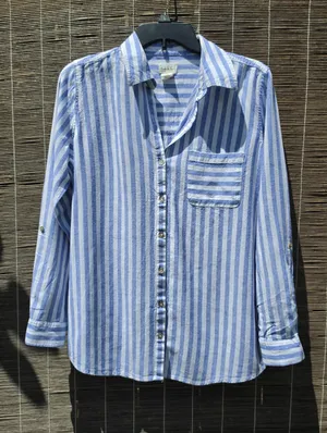 Nicole Miller Blue and White Striped Linem Blend Button-Up Shirt Small thumbnail 1