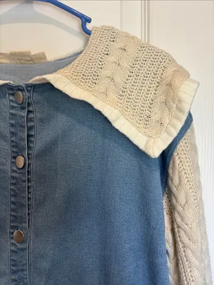 Ruby Rd Brand Blue Stretch Denim With Knit Sleeves And Collar Button Closure thumbnail 11