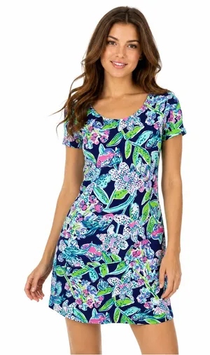 Lilly Pulitzer Tammy Dress Small S Bright Navy Sway This Way Floral Fish UPF 50+ thumbnail 1
