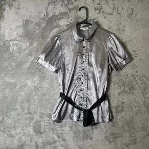 Vintage Y2K Futuristic Metallic Silver Gray Blouse Cyber Fairy Grunge Glam Small thumbnail 2