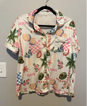 Tropical Fruit Print Pajama Set White Avocado Papaya Short Sleeve Shorts Large thumbnail 1