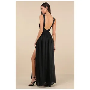 NWT Lulus Aria Black Crinkle Knotted Backless Maxi Dress Gala banquet Ball Sz L thumbnail 3