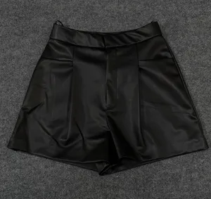 Zara Black Faux Leather high-waisted black tailored pleated shorts thumbnail 1