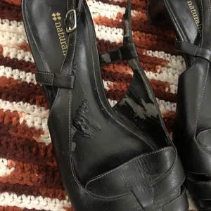 Naturalizer 80s/90s Black Leather woven Fisherman Pilgrim Sandals Maryjane loafers flats shoes round toe Kitten heels #peasant #cottagecore #western #boho, #indie #whimsygoth thumbnail 4