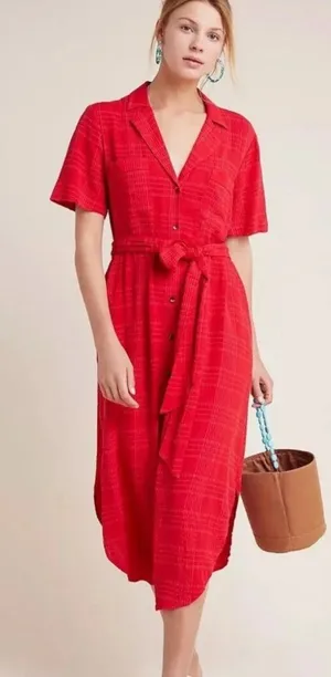 Anthropologie Maeve Hot Pink Red‎ Striped Crinkle Button Up Midi Dress thumbnail 1