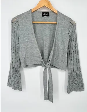 Y2K Vintage Hot Shot Grey Cardigan Tie Sweater Shrug Crochet Bell Sleeve Women M thumbnail 1