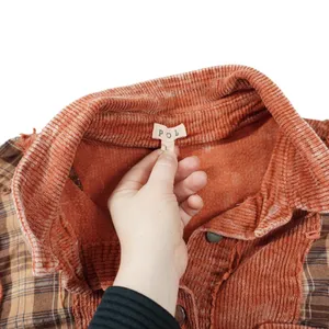 POL Large Corduroy Plaid Mixed Media Shacket Rust Orange Distressed Boho Country thumbnail 3