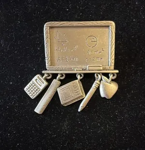 Vintage JJ Jonette Math Teacher Blackboard Pewter Tone Brooch Pin Dangle Charms thumbnail 1