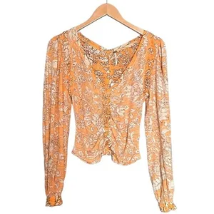 NWT Free People Say The Word Tee XS Blood Orange Floral Ruched Long Sleeve Top thumbnail 2